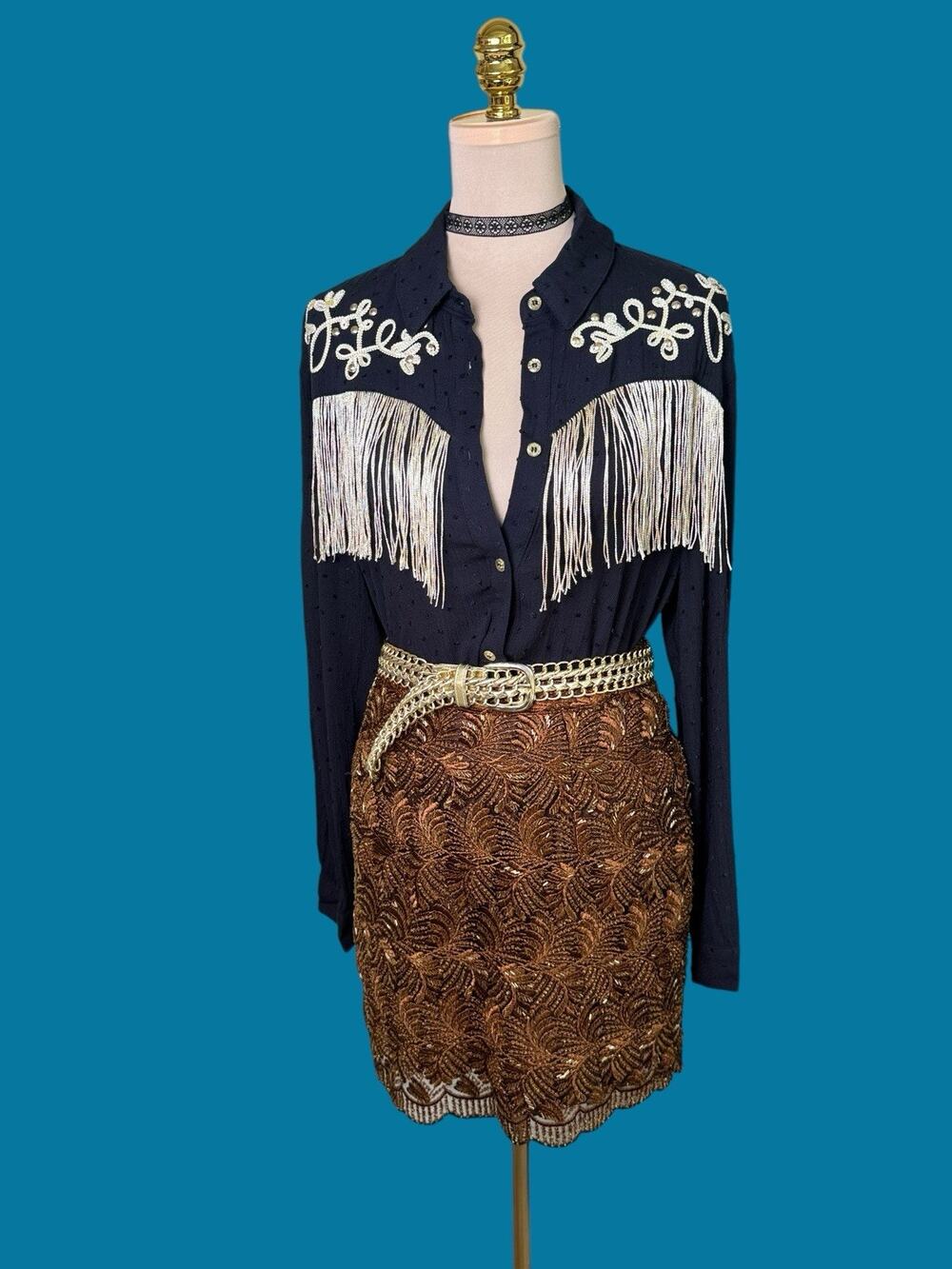 Vintage Y2k Cache Embroidered Beaded Wiggle Skirt | Art Deco Hem | Brown Gold S